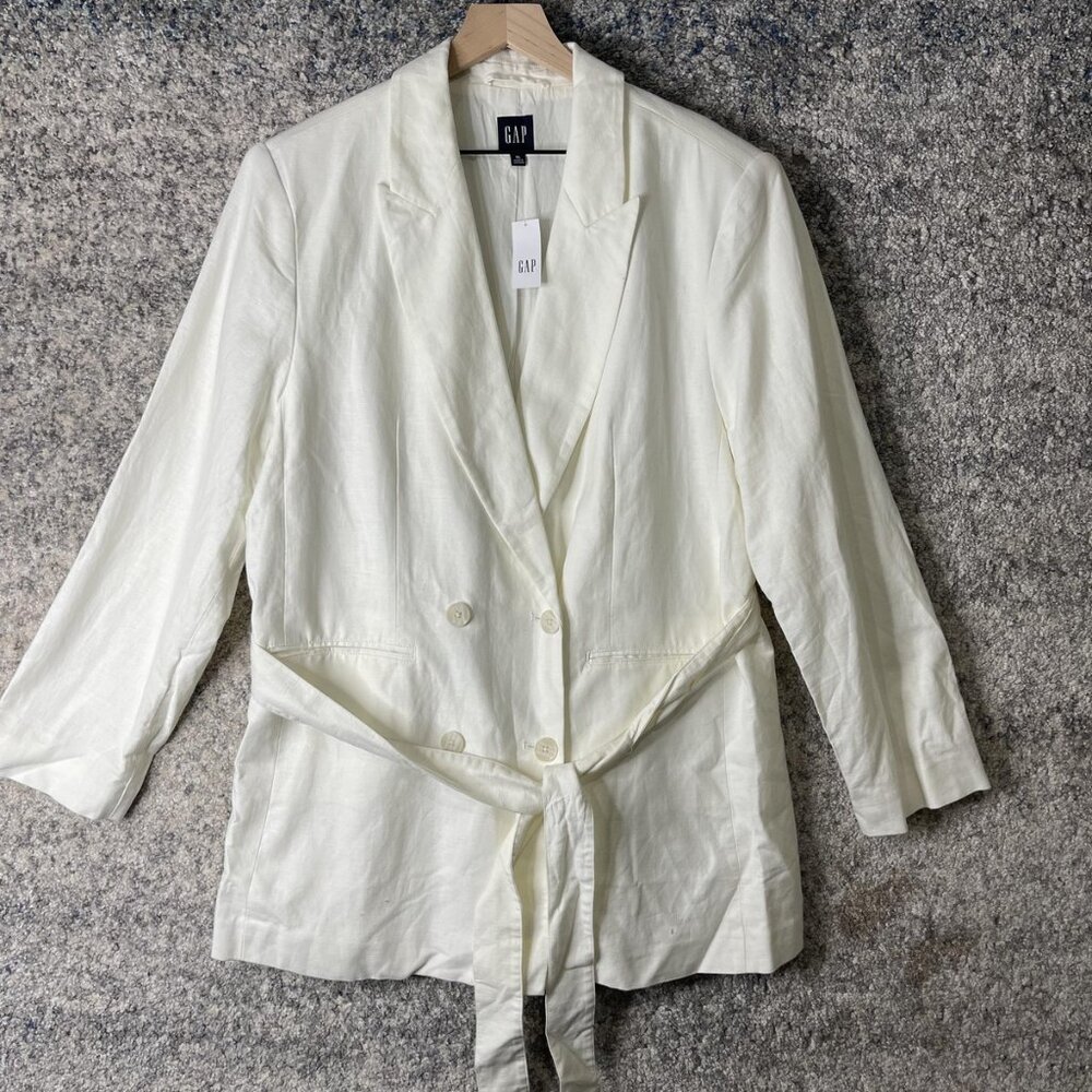 GAP Blazer‎ Womens XL Off White Linen Belted Longline Jacket New With Tags